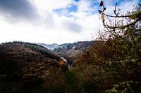 Herbstliches Flusstal unter dramatischem Himmel