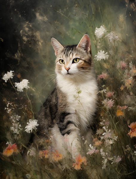 Gestreifte Katze im Wildblumengarten von Emil Husstege