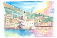 Rapallo beach promenade with harbor castle and sun reflections