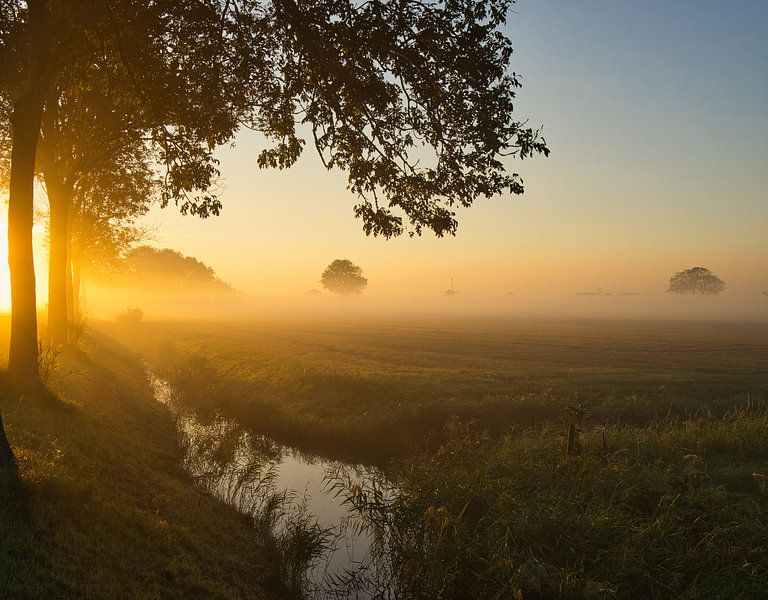 Polder in the mist with windmill by peterheinspictures