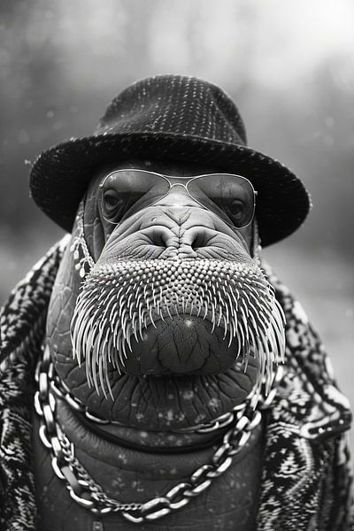 Portrait en noir et blanc d'un morse à la mode par Poster Art Shop