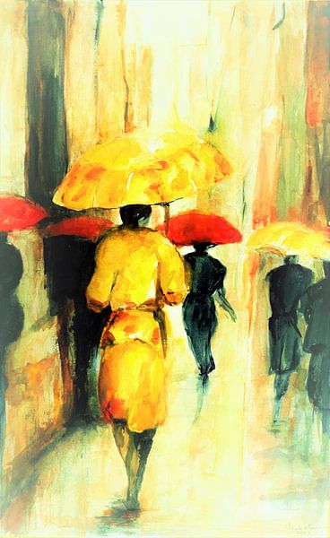 Femme avec un parapluie jaune. Aquarelle peinte à la main. par Ineke de Rijk