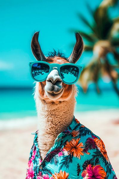 Lama im Hawaiihemd am Strand von Poster Art Shop
