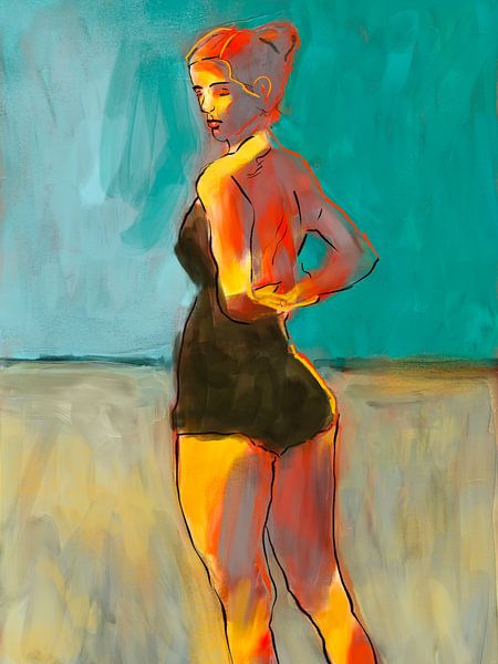 Modern painting of a woman in swimming costume. by Hella Maas