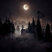 dunkler Nachtwald mit großem Mond