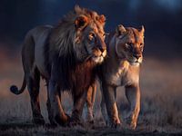 Löwen durchstreifen die Savanne in der Abenddämmerung