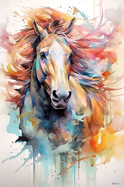 Abstraktes Farbaquarell eines Pferdes. von Gelissen Artworks