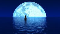a boat sails towards the moon (3d rendering)