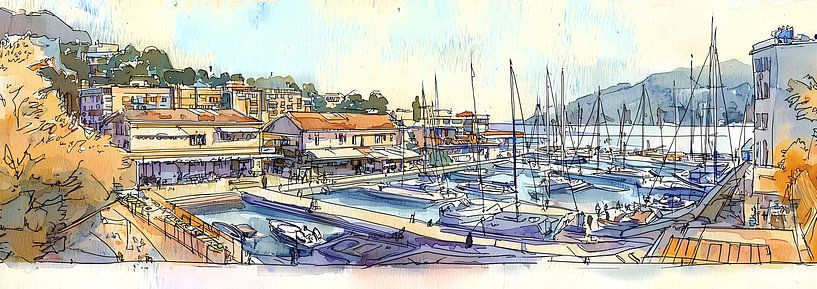 Panorama d'aquarelle tiré d'un album de croquis par Ariadna de Raadt-Goldberg