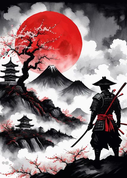 Japanische Landschaft mit Samurai-Silhouette von MIROKKU