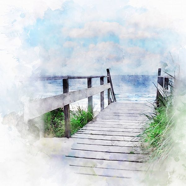 Aquarell von Strand, Meer und Dünen an der Küste von Domburg, Zeeland von Danny de Klerk