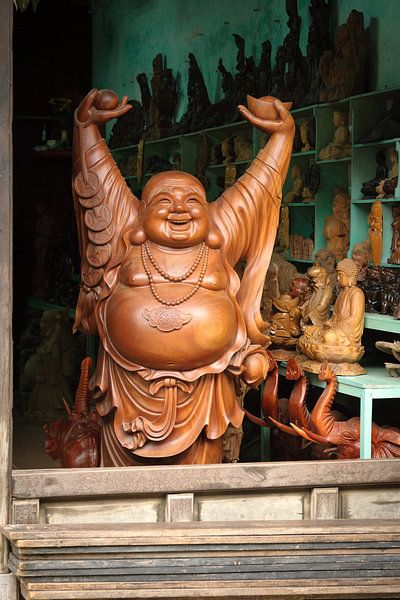 A very large wooden, cheerful Buddha statue by Dirk Verwoerd