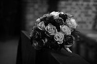 Elegant Bouquet of Mixed Roses on a Decorated Pew in Black and White