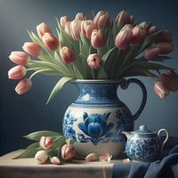 Stilleben ; delfterblaue Vase mit Tulpen