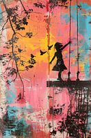 Banksy kleurrijk - Meisje met vogels