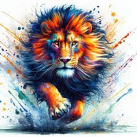 Le lion émerge de la toile