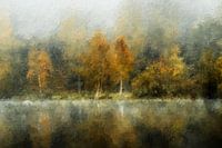 Trees by a lake (autumn, painting)