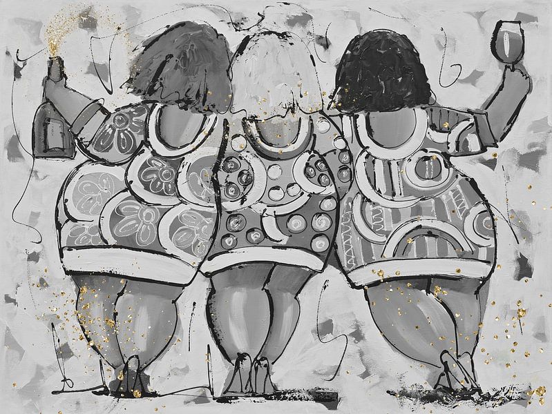 Dicke Damen Wein | Gold Schwarz/Weiß von Vrolijk Schilderij