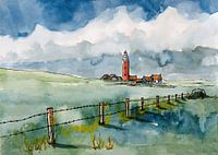 Eierland Vuurtoren en de duinen van Texel | Handgemaakte Aquarel Schilderij