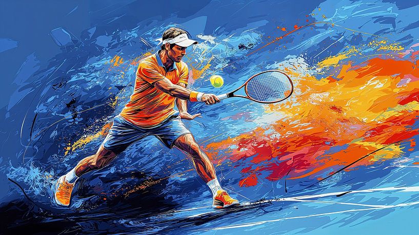 Tennis player with a powerful forehand stroke by Frank Heinz