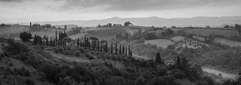 Monochrome Toskana im Format 6x17, Landschaft in der Nähe von San Gimignano von Teun Ruijters