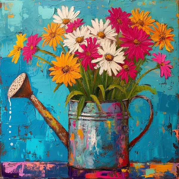 Sonnige Gießkanne mit fröhlichen Blumen von Vlindertuin-Art