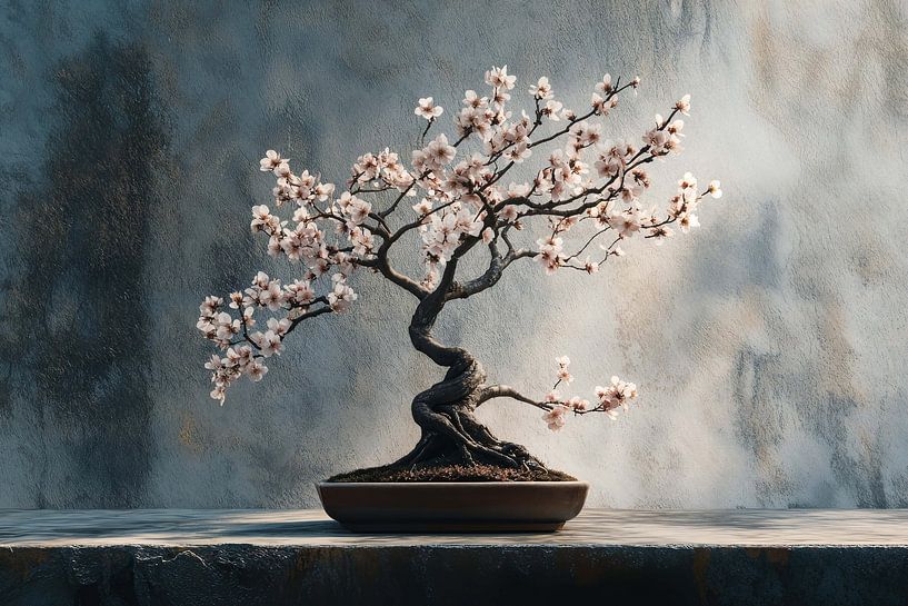Bonsai tree photography almond blossom still life by Digitale Schilderijen