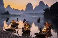 Aalscholvervissers bij zonsondergang