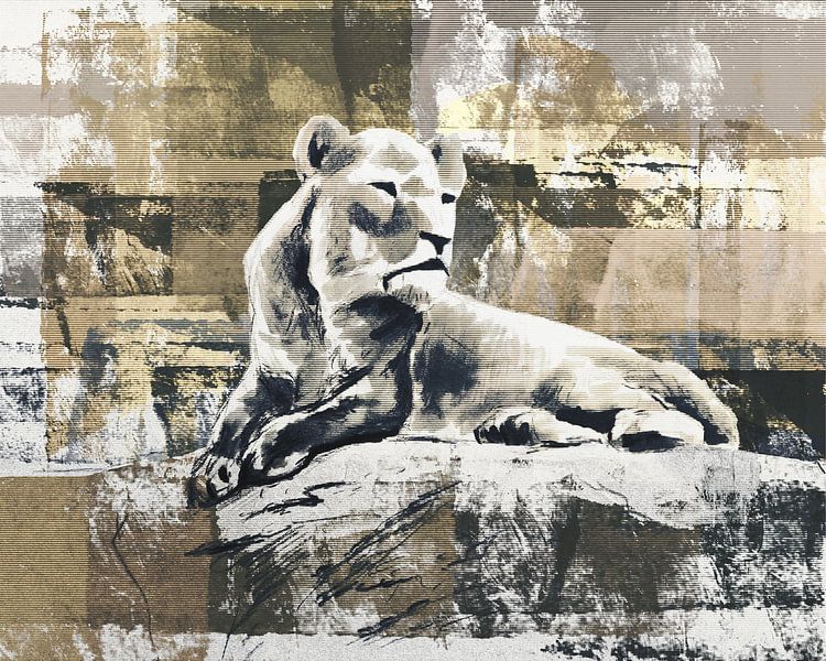 Lionne sur un rocher par Emiel de Lange