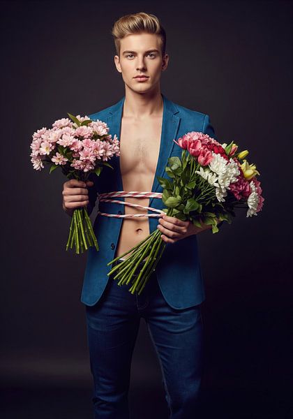 Man Holding Two Flower Bouquets with Cord by Markus Gann