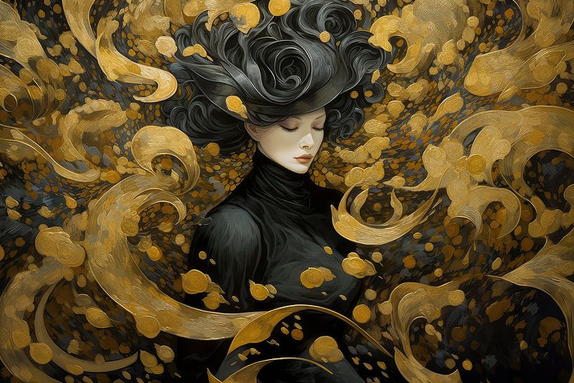 The magic of gold, black and a beautiful Asian woman. by Digitale Schilderijen