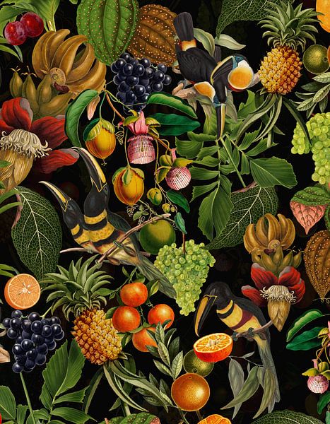 Exotic midnight toucan and fruits jungle by Floral Abstractions