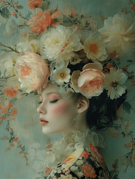 Fille de fleur, portrait moderne avec des fleurs aux couleurs pastel par Carla Van Iersel