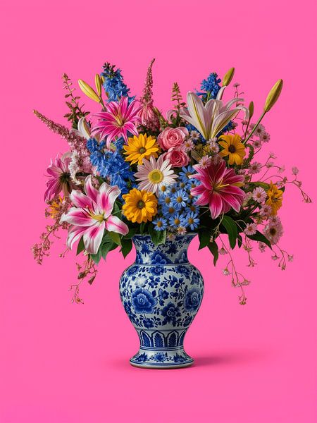 Nature morte classique Pop-Art : Bouquet d'été sur vase bleu Delft par Studio Pieternel