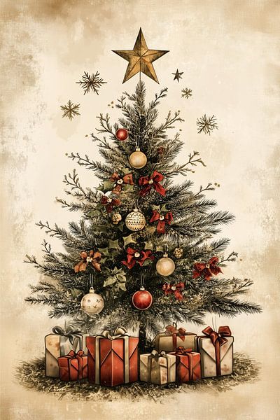 Vintage retro Christmas tree with presents - sepia nostalgia by Mel Digital Art