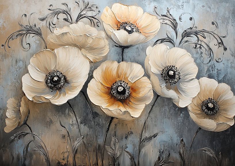 Üppige Blumen auf Grau von Wunderbare Kunst