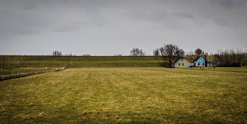 Landschaft mit Deich, Deichhäusern, Grasland und bedrohlichem Himmel von Dirk Huckriede
