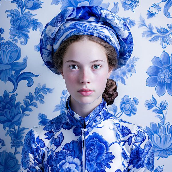 Female portrait Delft Blue girl by Vlindertuin-Art