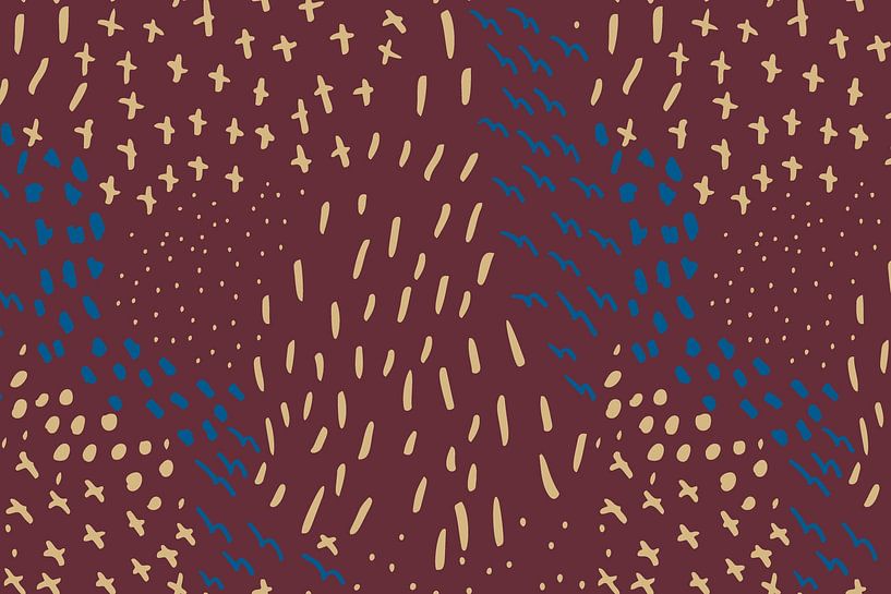 Kreuze, Linien und Punkte in Pastell- und Neonfarben. Merlot, kobaltblau und naturgelb. von Dina Dankers