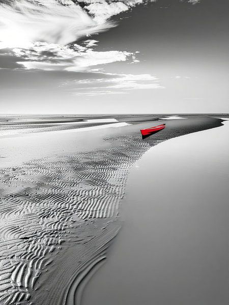 Rode boot in de monochrome Waddenzee-01a van Rautenberg Digital Art Maritim