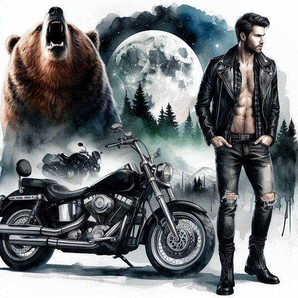 Mann mit Motorrad und Bär von Bernhard Karssies