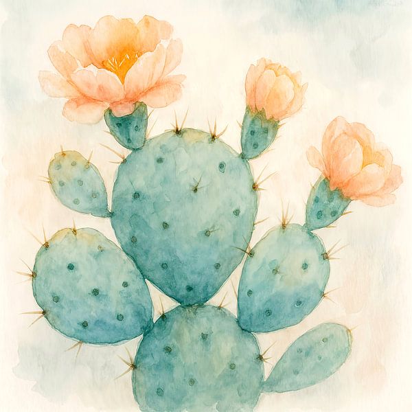 Gros plan sur un cactus en fleurs (AI) (aquarelle, peinture, pastel, couleurs douces, rose, orange, fleurs) par Natalie Bruns
