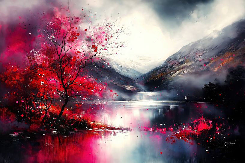 Red tree by the lake with mountain backdrop by Frank Heinz