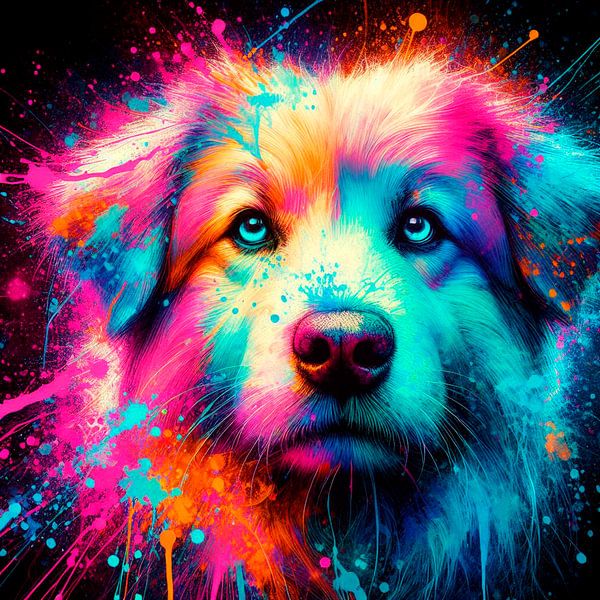 Chien joyeusement coloré avec des couleurs néon. ( 4 ) par Ineke de Rijk