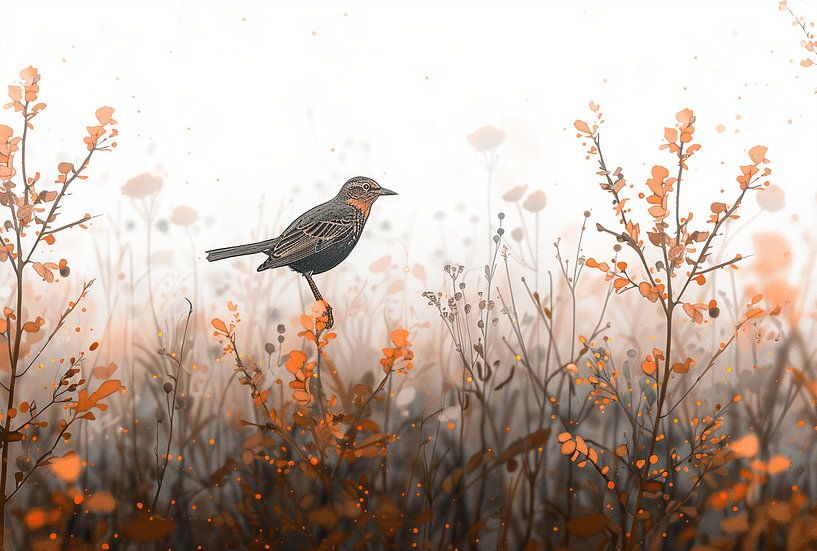 Hidden Wings: Artwork of A Bird on Rustic Grass by Karina Brouwer