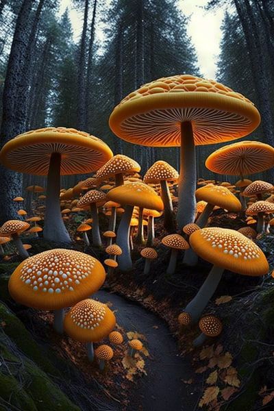A gathering of orange-coloured mushrooms by Vythryd Arts