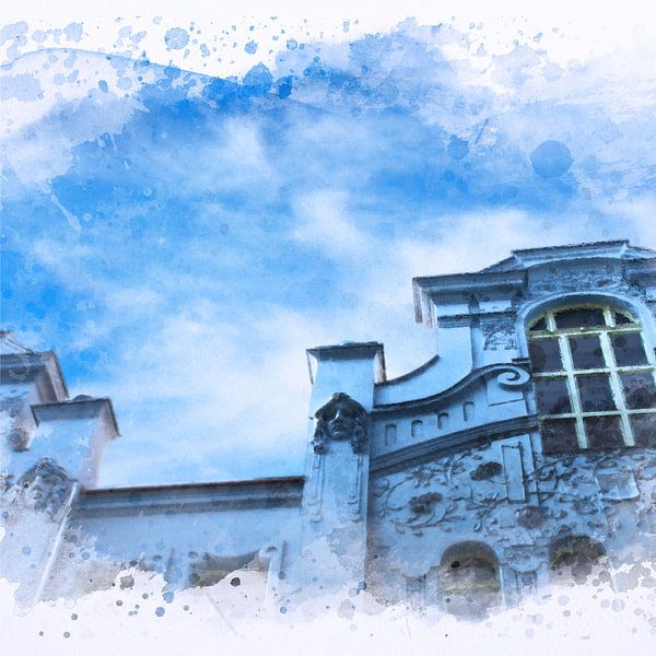 Jugendstill huis in het blauw in Praag, aquarel van Annavee