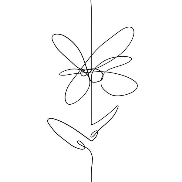 Schlankes und modernes Kunstwerk einer abstrakten Blume. Schwarze Linie mit weißem Hintergrund. von Emiel de Lange