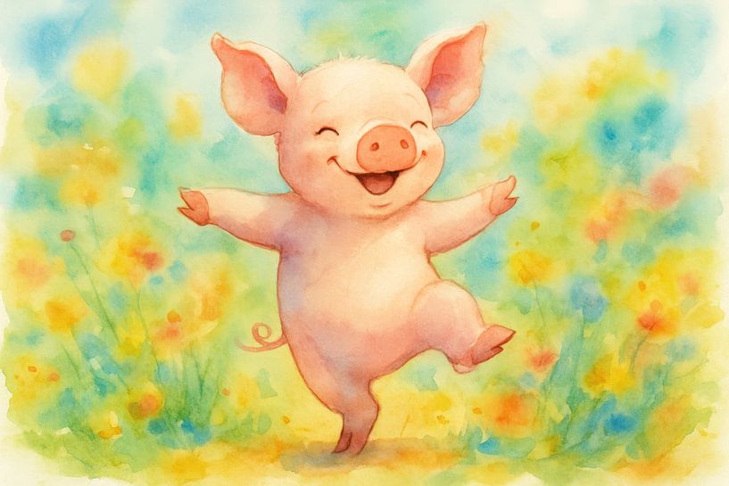 Aquarell Schwein tanzt im Blumenfeld von Markus Gann
