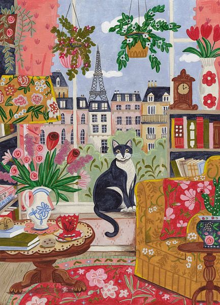 Chat devant une fenêtre à Paris, couleurs vives par Caroline Bonne Müller